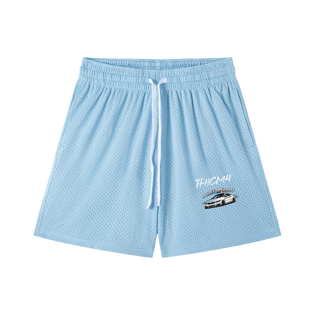 "In Speed We Trust" Mesh Drawstring Shorts